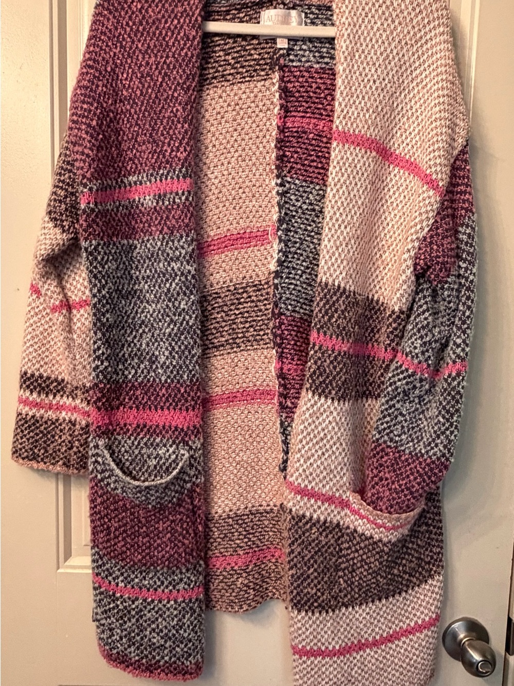 Striped Open-Front Cardigan Sweater in Pink, Cream & Gray